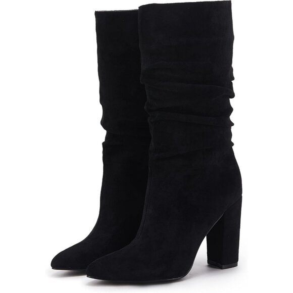 Women's Black Suede Mid Calf High Slouchy Chunky Heel Block Pointed Toe Boots - Picture 6 of 6